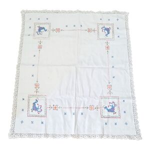 Vintage Peacock Cross Stitched White Cotton Table Square 37" x 33"